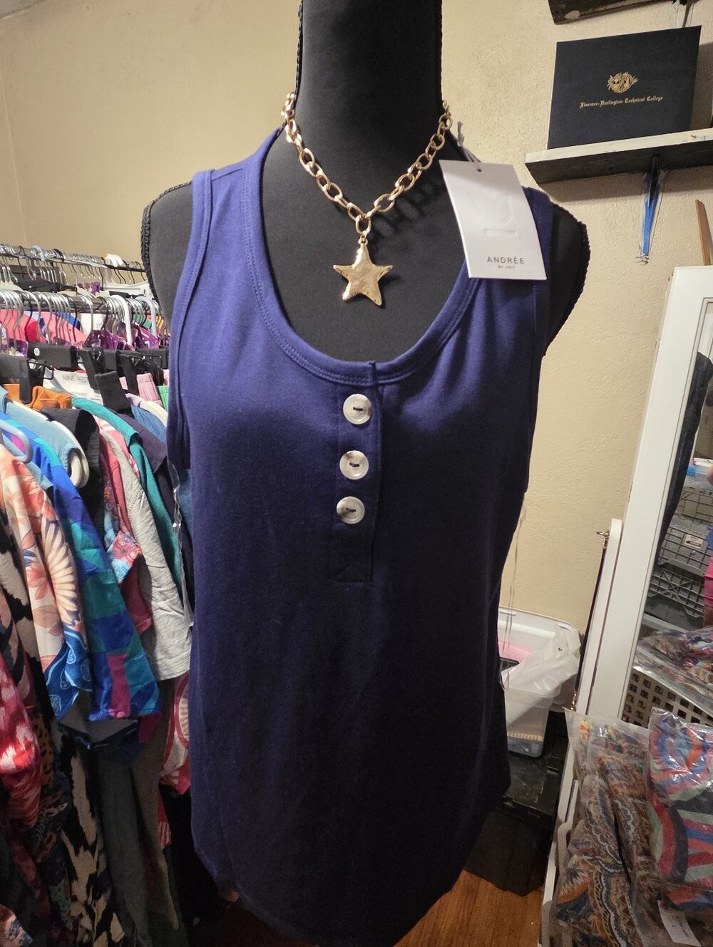 Andree Dark Navy Henley Button Tank Top